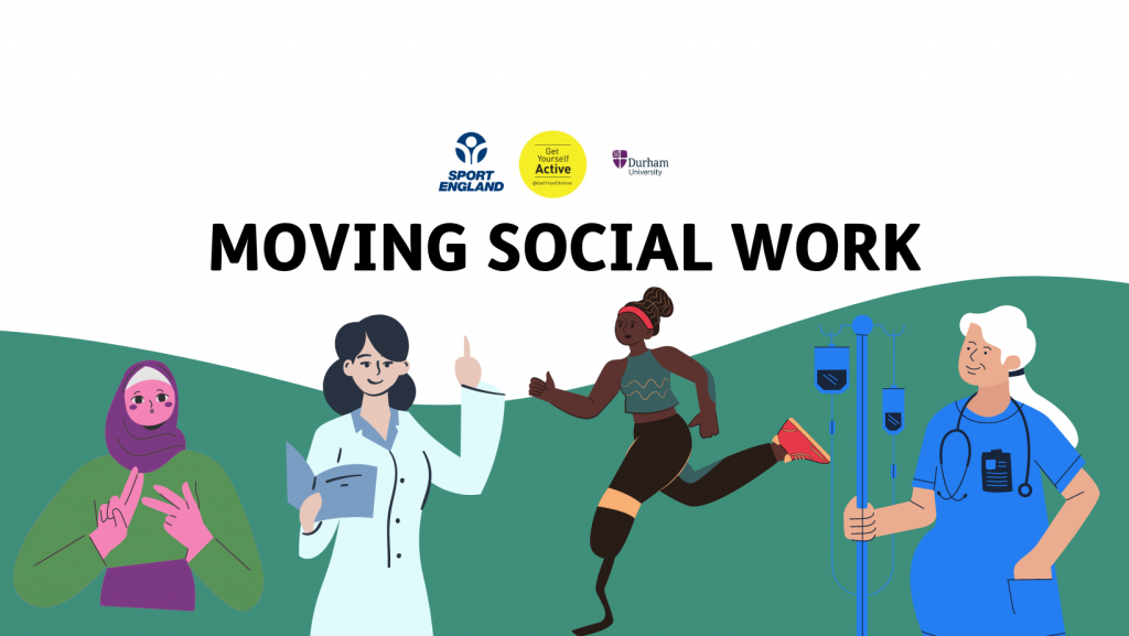 A stylised graphic where four people, 1 performing SL, One doctor, one running with a prosthetic limb, and an elderly doctor are seen infront of a green background. The text reads: Moving Social Work.