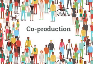 the word co-production is seen as a title in the middle of an images of a crowd of people